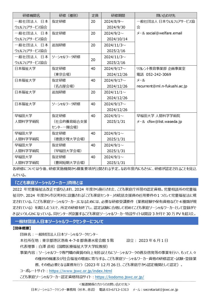 【情報】「こども家庭ソーシャルワーカー」新資格、初の試験日は2025年3月9日!併せて認定研修第一弾が決定!(日本ソーシャルワークセンター